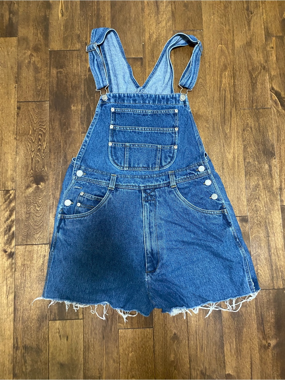 Blue Denim Short Overalls with Frayed Hem